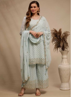 Sky Blue Color Georgette Resham Work Dress Material