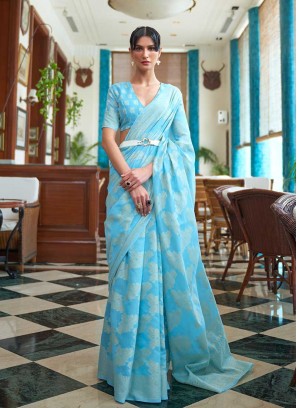 Sky Blue Color Lucknowi Work Saree