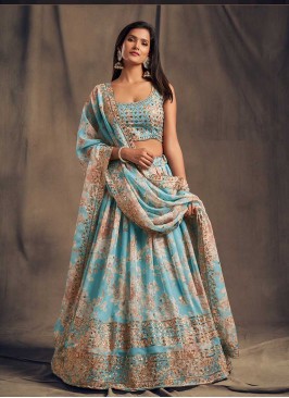 Sky Blue Color Printed Party Wear Lehenga