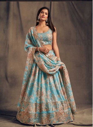 Sky Blue Color Printed Party Wear Lehenga