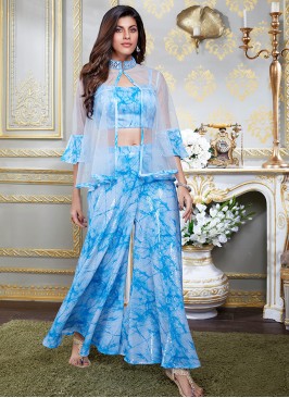 Sky Blue Color Sequins Work Palazzo Suit