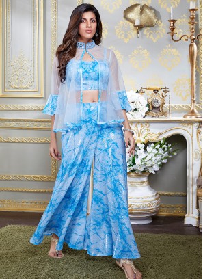 Sky Blue Color Sequins Work Palazzo Suit