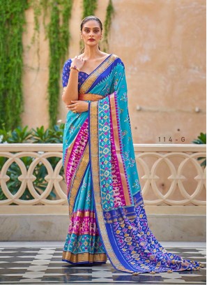 Sky Blue Color Silk Patola Saree