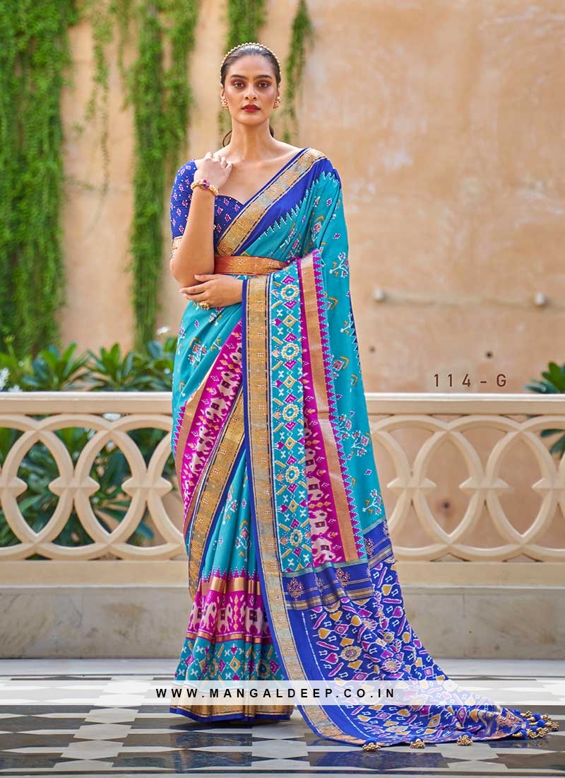 Sky Blue Color Silk Patola Saree