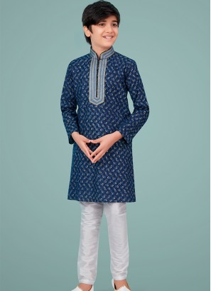 Navy Blue cotton silk Indo Western Suit for Boys.