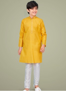 Yellow cotton silk Indo Western Suit for Boys.