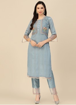 Sky Blue Embroidered Chinon Straight Kurta with Tr