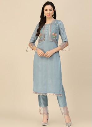 Sky Blue Embroidered Chinon Straight Kurta with Trouser & Dupatta
