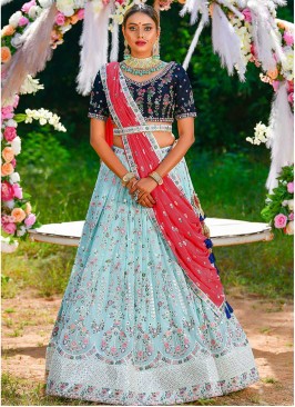 Sky Blue Georgette Mirror Work Lehenga