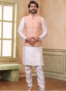 Peach Jacquard Banarasi Silk 3-Piece Jacket Set with Off-White Churidar Bottom.