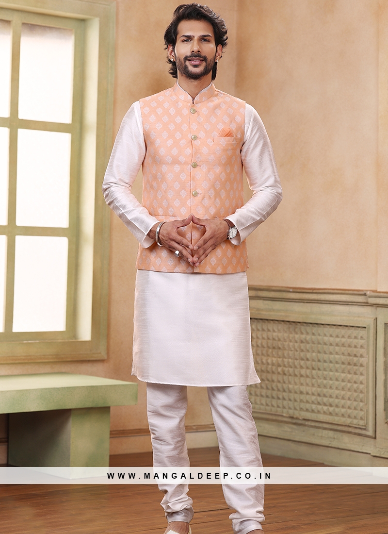 Peach Jacquard Banarasi Silk 3-Piece Jacket Set with Off-White Churidar Bottom.