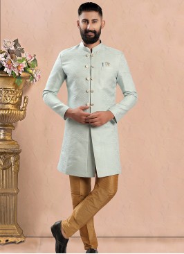 Sky Blue & Chiku Fusion Elegance: Men's Indo-Western Ensemble.