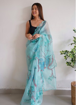 Sky Blue Organza Silk Digital Print Saree With Blouse