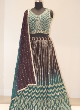 Green & Wine Bliss: Georgette Lehenga Choli with Handwork Embellishments