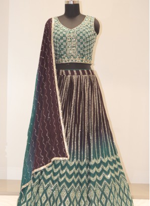 Green & Wine Bliss: Georgette Lehenga Choli with Handwork Embellishments