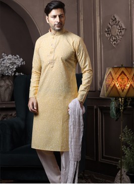 Light Yellow Silk Kurta Pajama with Off-White ArtSilk Trouser.