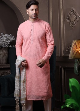 Peach Silk Kurta Pajama with Off-White ArtSilk Tro