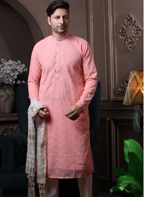 Peach Silk Kurta Pajama with Off-White ArtSilk Trouser.