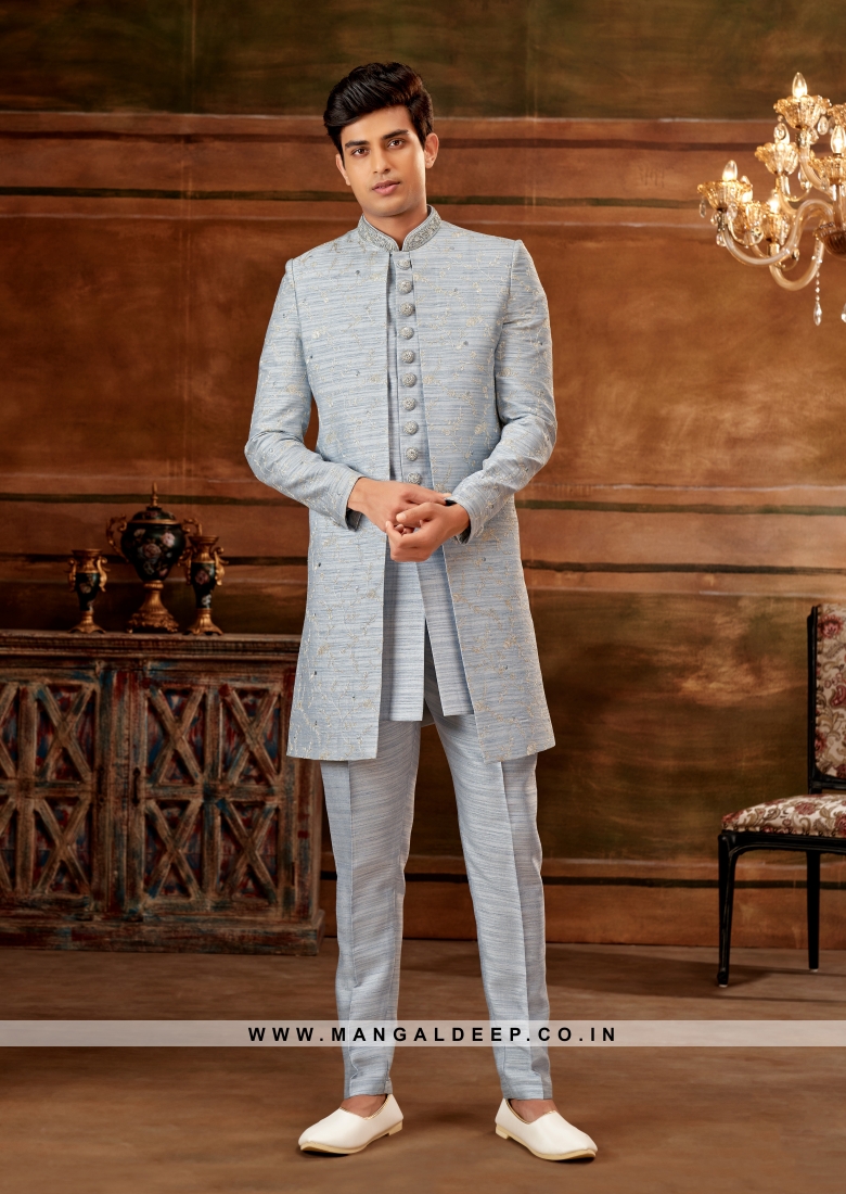 Latest gray sherwani & dark gray 3 layer gown designs | Meraj