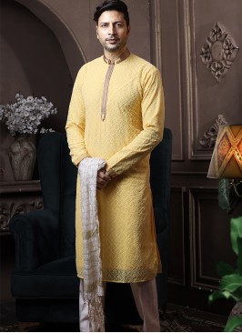 Yellow Silk Kurta Pajama with Off-White ArtSilk Trouser.