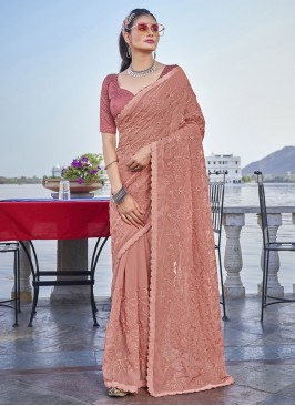 Snazzy Embroidered Peach Designer Saree