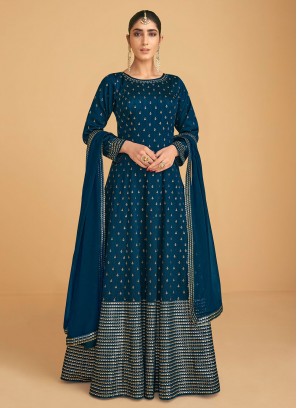 Snazzy Embroidered Rama Floor Length Anarkali Suit 