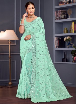 Snazzy Georgette Sequins Firozi Contemporary Saree