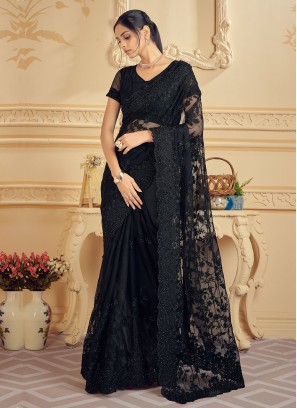 Snazzy Net Black Pearls Trendy Saree