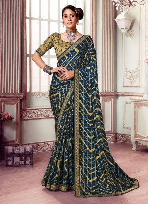 Snazzy Printed Turquoise Silk Trendy Saree