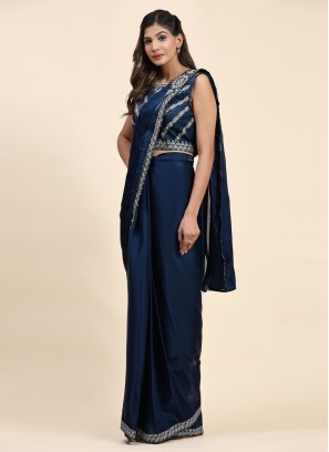 Snazzy Satin Silk Embroidered Navy Blue Saree