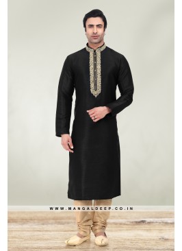 Solid Black Art Silk Kurta Set For Men