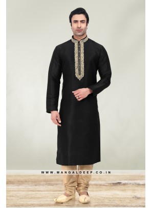 Solid Black Art Silk Kurta Set For Men