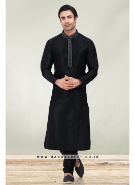 Solid Black Art Silk Kurta Set For Men