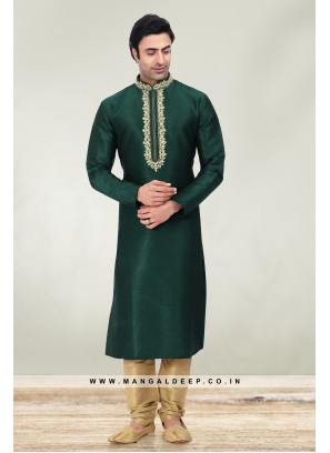 Solid Bottle Green Art Silk Kurta Set For Men