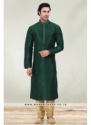 Solid Bottle Green Art Silk Kurta Set For Men