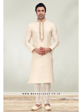 Solid Cream Art Silk Kurta Set For Men