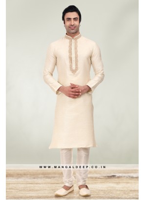 Solid Cream Art Silk Kurta Set For Men