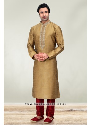 Solid Dark Tortilla Art Silk Kurta Set For Men