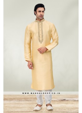 Solid Gold Art Silk Kurta Set For Men