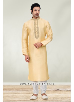 Solid Gold Art Silk Kurta Set For Men