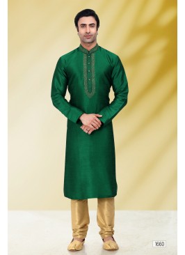 Solid Green Art Silk Kurta Set For Men