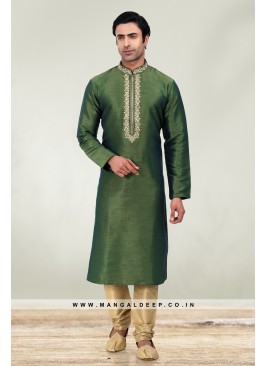 Solid Green Art Silk Kurta Set For Men