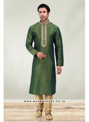 Solid Green Art Silk Kurta Set For Men