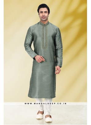 Solid Grey Art Silk Kurta Set For Men