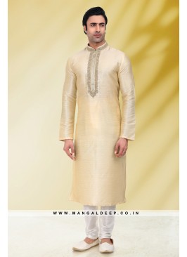 Solid Light Gold Art Silk Kurta Set For Men