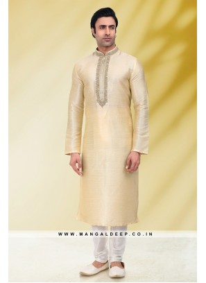 Solid Light Gold Art Silk Kurta Set For Men