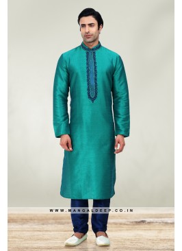 Solid Light Rama Art Silk Kurta Set For Men