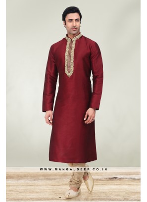 Solid Maroon Art Silk Kurta Set For Men