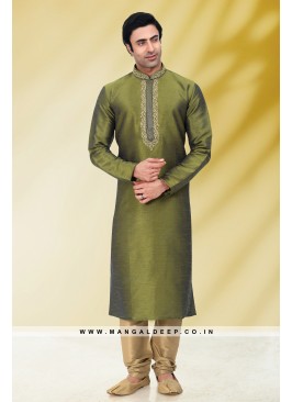 Solid Mehendi Art Silk Kurta Set For Men