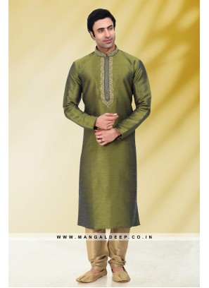 Solid Mehendi Art Silk Kurta Set For Men